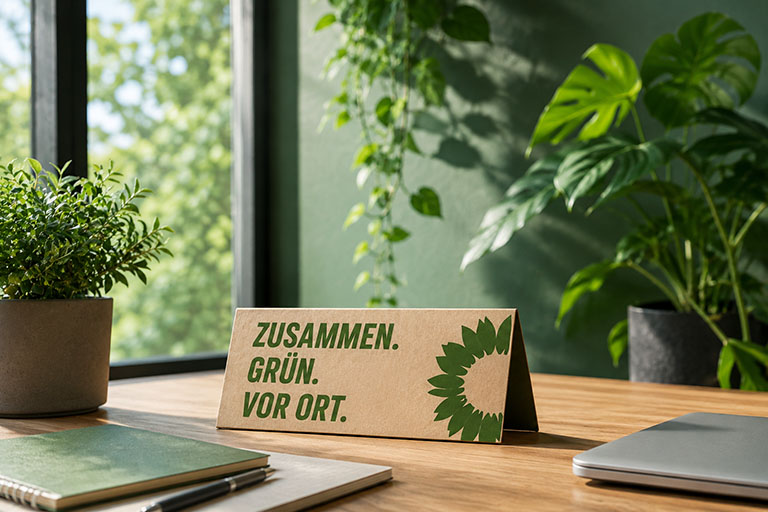 Moderner Arbeitsplatz mit Pflanzen und dem Schriftzug „Zusammen. Grün. Vor Ort.“